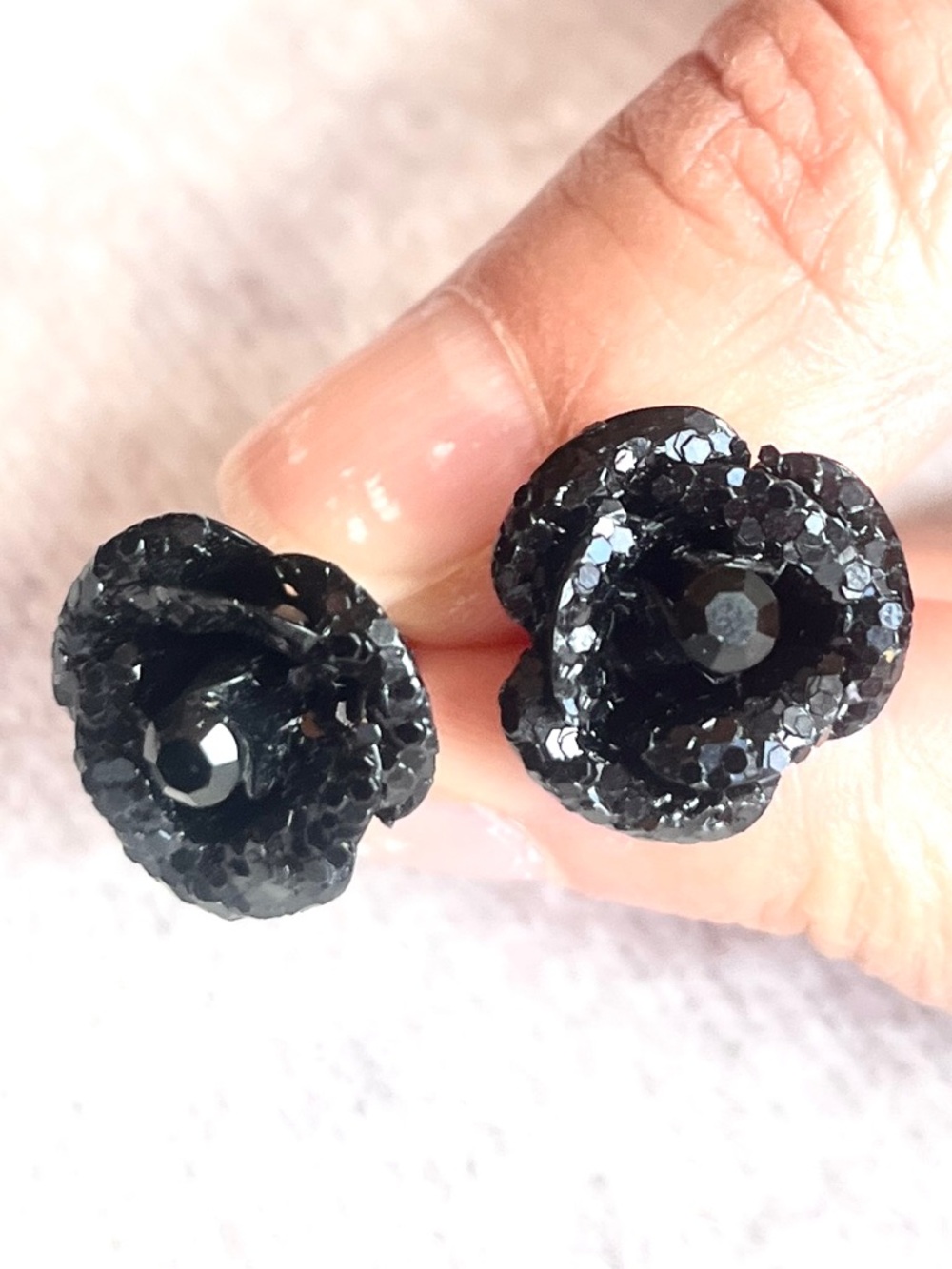 Midnight Noir Shimmer Rose Stud Earrings - Goth Glam Floral - Black
